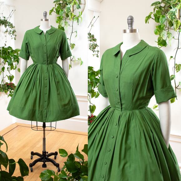 Vintage Dresses & Skirts - Vintage 1950s ALFRED SHAHEEN Dress 50s Green Silk Button Down Shirtwaist